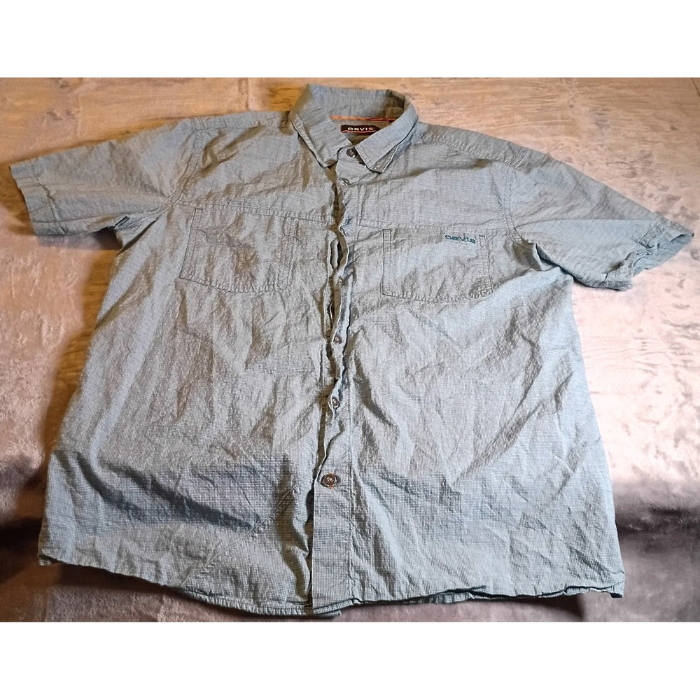 Orvis Mens Blue Micro Check Short Sleeve Button Down Shirt Size Medium Pockets